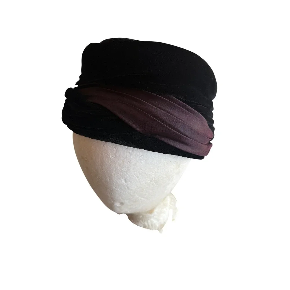 Vintage Pillbox Hat Black Velvet Burgundy Satin Draped Union Made Retro 50s 60s - Picture 1 of 7